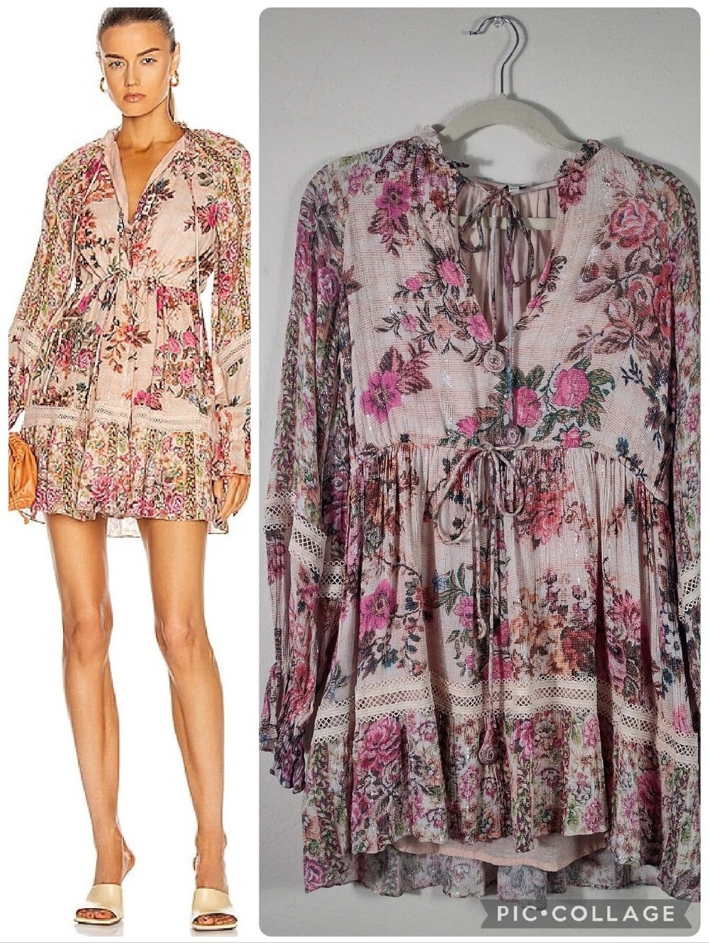 Hemant & Nandita Light Pink Kilim Floral Long Sleeve Cotton Mini Dress Peach XS